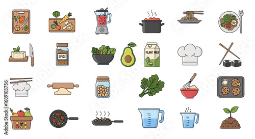 A collection of colorful, illustrated icons showcasing various kitchen tools, ingredients, and food preparation elements.