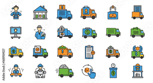 A collection of various colorful icon illustrations depicting financial transactions and services, including trucks.
