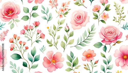 Seamless watercolor floral pattern with pink roses and green leaves for design