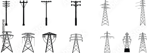 Black silhouette utility poles, transmission towers, electricity, power lines, infrastructure, energy, distribution, high voltage, engineering, grid, vector illustration, design element