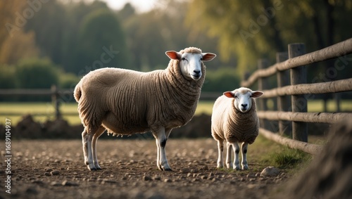 Two sheep standing on a farm, with a wooden fence in the background. Animals and farming, countryside scene. Livestock and rural environment.