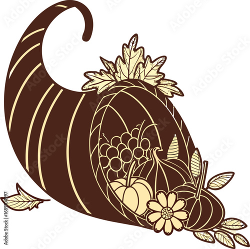 A chocolate brown cornucopia overflows with gourds grapes and autumn leaves on white