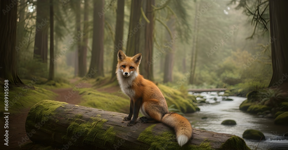 Obraz premium Red Fox Sitting on Log in Misty Forest - Wildlife Photography