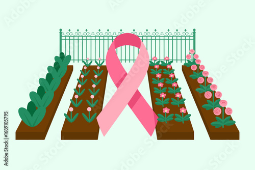 Breast Cancer Awareness Ribbon in a Blooming Garden Symbolizing Hope and Strength for a Cure