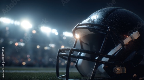 Commercial high-resolution photo of professional football closeup dramatic night game setting with stadium ligsts for nfl draft coverage,sport broadcasting and american football events.
