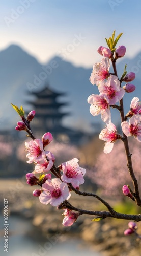 Delicate pink blossoms on a branch in focus, with a blurred pagoda and mountain range in the soft, hazy background