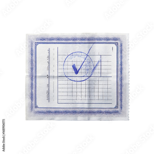 Approved Document with Check Mark and Grid - Blue Stamp on Crumpled Paper
