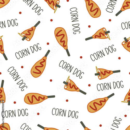 Funny Snack Pattern Corn Dog Sticks with Ketchup. Perfect for food-themed packaging, street food branding, textile prints, cafe decor, and playful snack illustrations.