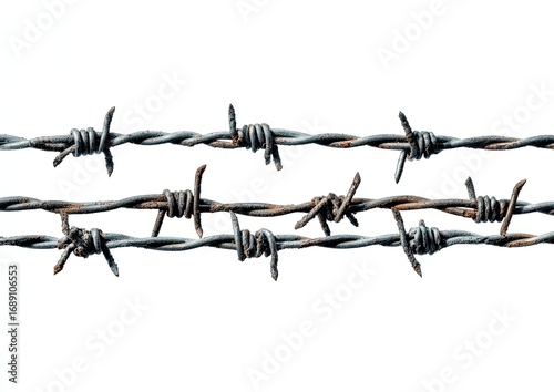 Three rows of rusty barbed wire against a white background