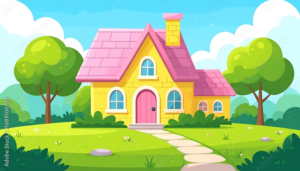 Fototapeta premium Cute cartoon house in garden (1)