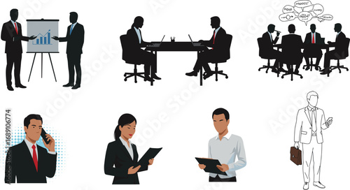 Business professionals teamwork, meeting, presentation, communication, collaboration, corporate culture, office work, brainstorming, discussion, vector illustration, design element, workplace activity
