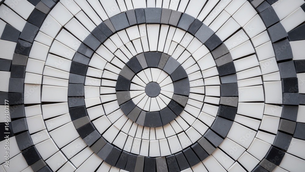 Naklejka premium A spiral pattern of black and white tiles arranged in concentric circles.
