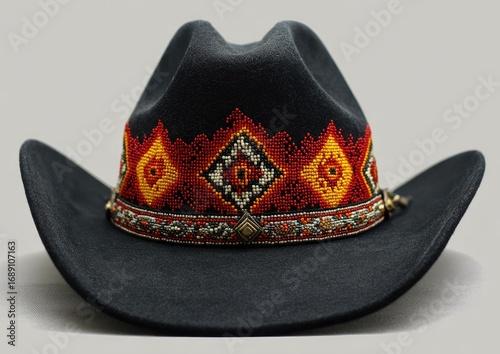 Dark cowboy hat adorned with vibrant beaded trim