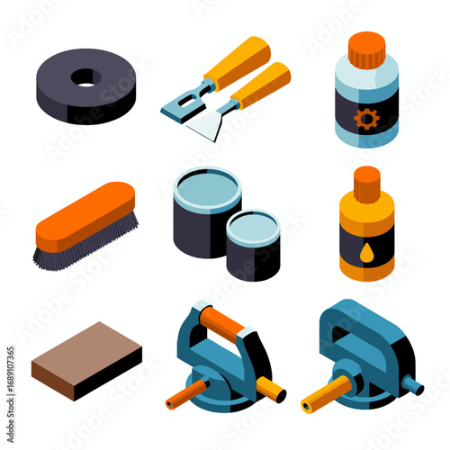 Isometric Car Detailing Tools and Cleaning Products for Auto Care and Maintenance Services Including Polish and Buffing Applicators