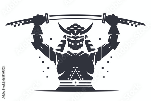 Warrior in Armor Holding Sword Overhead Illustration, White Background