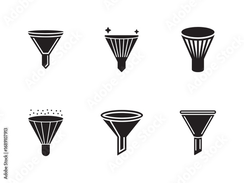 Different styles of black funnel icons on white background for data processing concepts and business strategy tools for conversion rate optimization