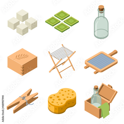 Isometric Laundry Day Illustration with Soap Cubes Washcloths Clothespins and Wooden Stool against White Background