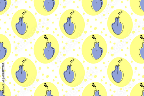 Seamless natural pattern with flowers and vases on  white background. Doodle elements, line art. Yellow spot with  blue vase and   flower in  center. For wallpaper, textiles, packaging or backgrounds.