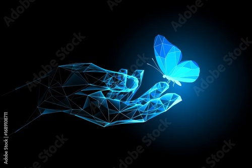 Abstract Blue Butterfly Perched on Geometric Human Hand - Digital Art