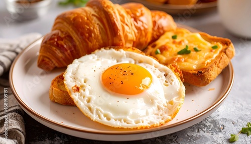 Breakfast plate with croissants, fried egg, and toast