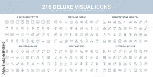 Industry, transportation and manufacturing, electricians equipment and parts, devices line icon set. International socket and plug types, lightning bolt thin black outline symbols vector illustration