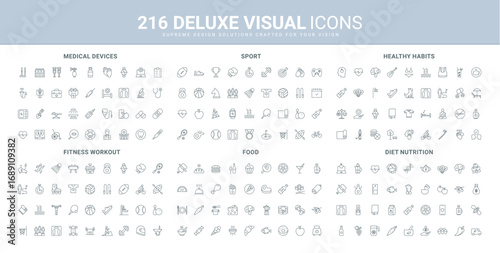 Diet and nutrition for health, medical kit and devices, fitness workout and gym line icon set. Everyday good habits, grocery store and restaurant food thin black outline symbols vector illustration