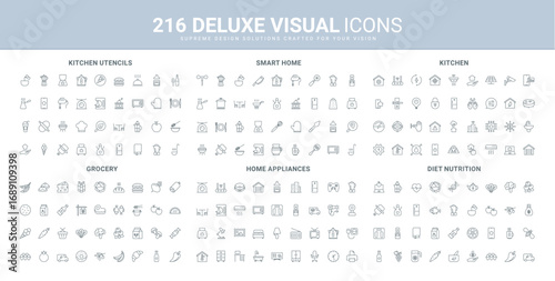 Smart home, electrical appliances remote control line icon set. Household equipment, grocery food products and cooking in kitchen with tools and utensils thin black outline symbols vector illustration