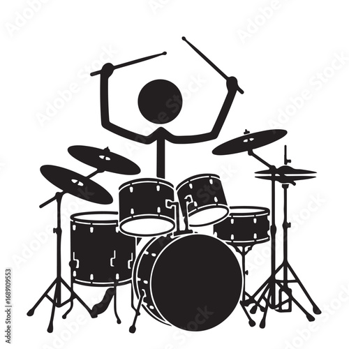 Silhouette Illustration of Drummer Playing a Drum Kit