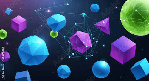 Vivid abstract geometric shapes, like cubes and polyhedrons, float and connect in a dynamic futuristic digital network against a dark, cosmic background.