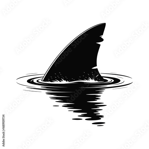 Shark Fin Silhouette Illustration Emerging from Water with Ripples and Reflections
