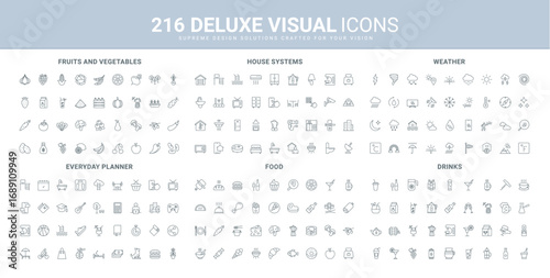 Smart home system technology, fruit and vegetable for cooking, weather line icons set. Food and drink, life planner for work, sports and entertainment thin black outline symbols vector illustration
