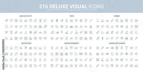 Computer games and gamers equipment, toys and activity of child in playground line icon set. Education and knowledge, radio and TV, karaoke entertainment thin black outline symbols vector illustration