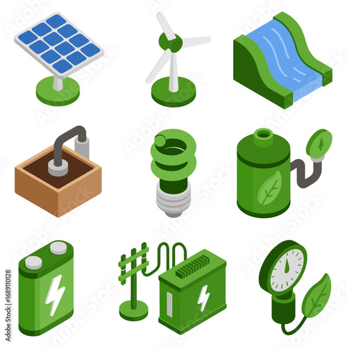 Sustainable Energy Solutions Isometric Icons Solar Panel Wind Turbine Hydroelectric Power and Eco Friendly Technology Innovations