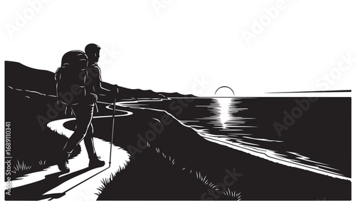 Hiker on Coastal Trail at Sunset