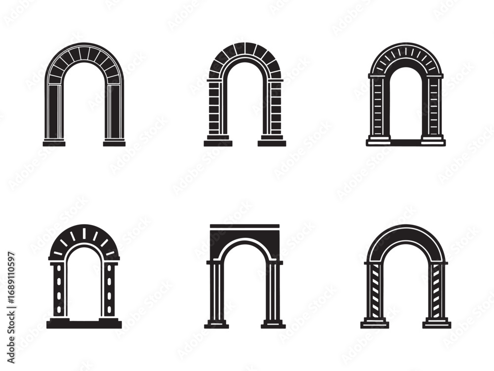 Fototapeta premium Elegant Black and White Arch Collection for Architectural Design and Decorative Elements Featuring Roman and Classical Styles for Website Graphics