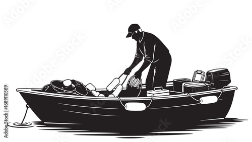 Man in Boat Holding Fishing Gear