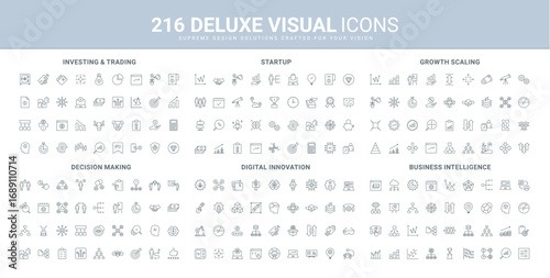 Business intelligence skills development, decision making, digital communication line icon set. Stock market investment and trade, innovation startup thin black outline symbols vector illustration