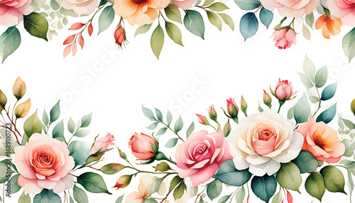 Elegant watercolor floral border with pink and peach roses and green leaves. Beautiful vector illustration for design