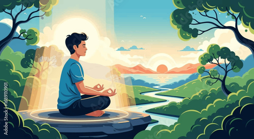A tranquil person meditates in a serene lotus pose amidst a vibrant, sun-drenched natural landscape, embodying mindfulness, spiritual balance, and inner peace.