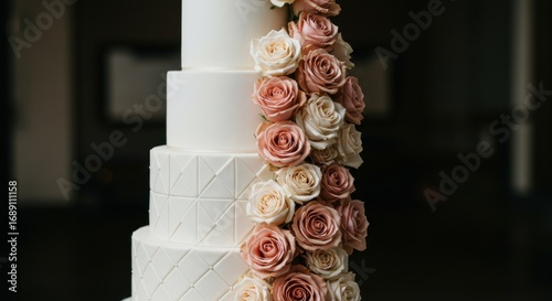 A multitiered white cake is adorned with roses showcasing geometric fondant designs