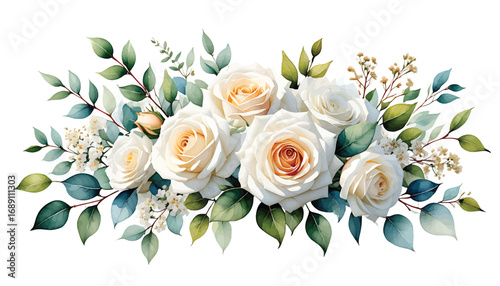 Elegant floral arrangement of soft white and cream roses with lush green foliage, perfect for celebratory designs
