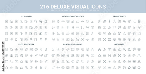 Productivity of business process and startup, freelance, language learning line icons set. Measurement arrow, structure hierarchy of corporate company thin black outline symbols vector illustration