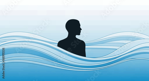 A dark silhouette of a human figure emerges from stylized blue waves, symbolizing concepts of immersion, freedom, or emotional depth.