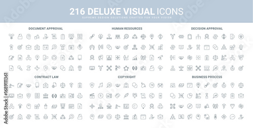 Approval of business decision and official document, search and protection of contracts, copyright and trademark line icon set. HR management of company thin black outline symbols vector illustration