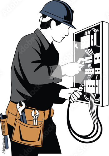 Electrician technician wearing helmet working on electrical panel box with tools, wiring circuit breakers, power maintenance, repair, and safety gear