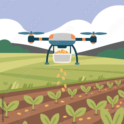 A modern drone is actively sowing seeds onto a cultivated agricultural field, showcasing precision farming technology in action.
