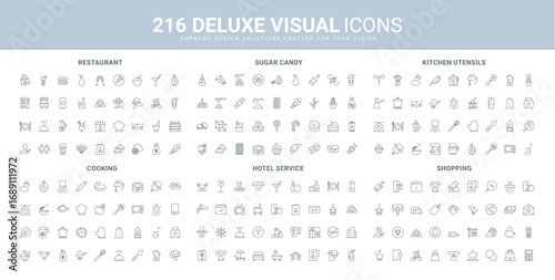 Online shopping and courier delivery, restaurant and hotel service, confectionery line icon set. Bed and breakfast, utensils for cooking in kitchen thin black outline symbols vector illustration