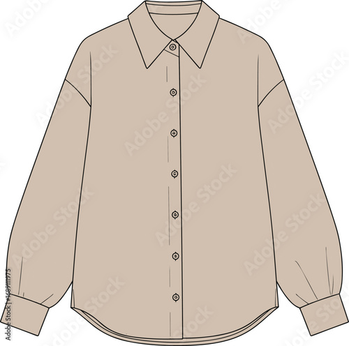 Beige long sleeve shirt with collar, button-down front, puff sleeves and cuffs, casual fashion top, cad drawing flat vector illustration