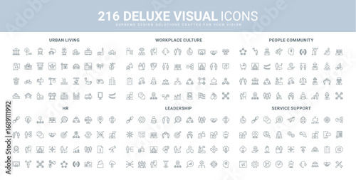 Office work culture, urban life and infrastructure, customer support service line icon set. Help and direction in information search, HR management thin black outline symbols vector illustration