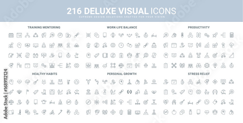 Healthy lifestyle and stress relief, good habits, personal career and skills growth line icon set. Work life balance, productive effective training thin black outline symbols vector illustration